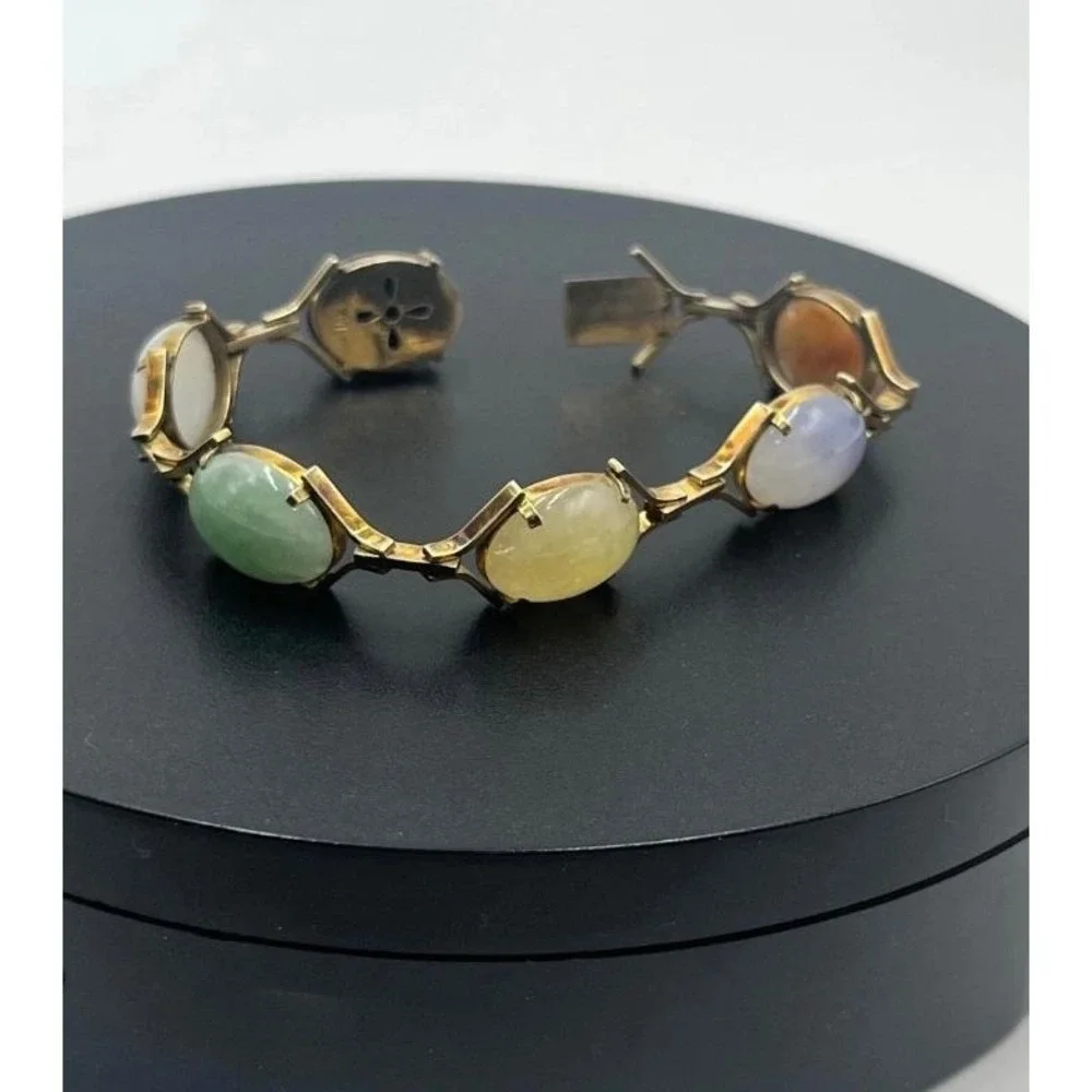 14K Gold Clasp Jade‎ Multi Color Jadeite Stone Cabochon Vintage 10-12k Bracelet